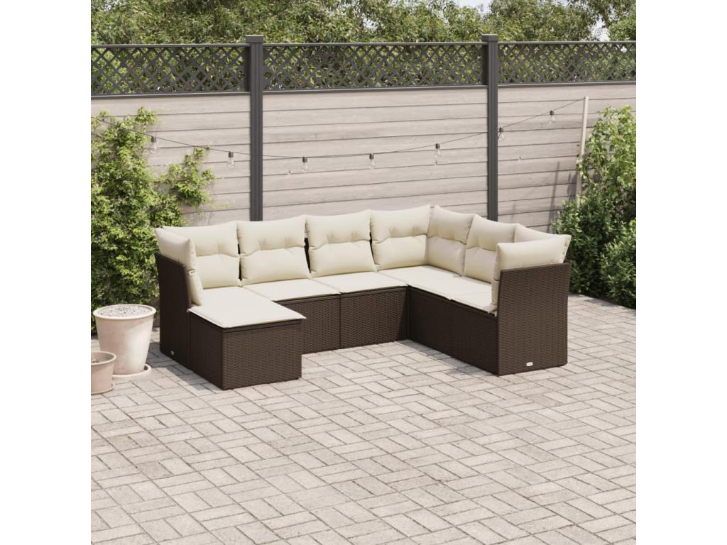 7-piece garden furniture set with cushions, brown woven resin XJRI80067
