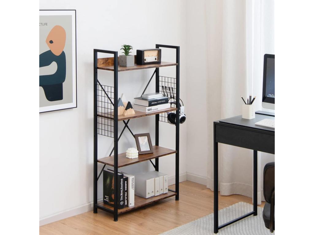 Industrial 4-tier shelving unit with rustic brown S-shaped hooks CXRX22483