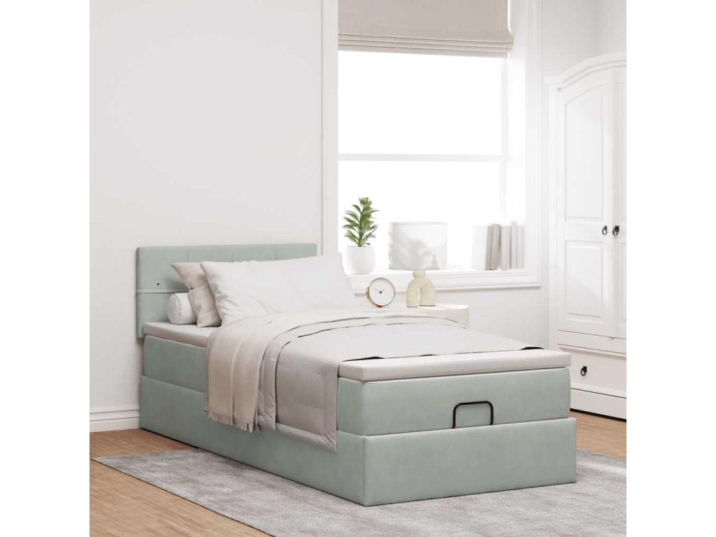 Ottoman bed frame and light grey 90x200 cm velvet mattress HQXR48053