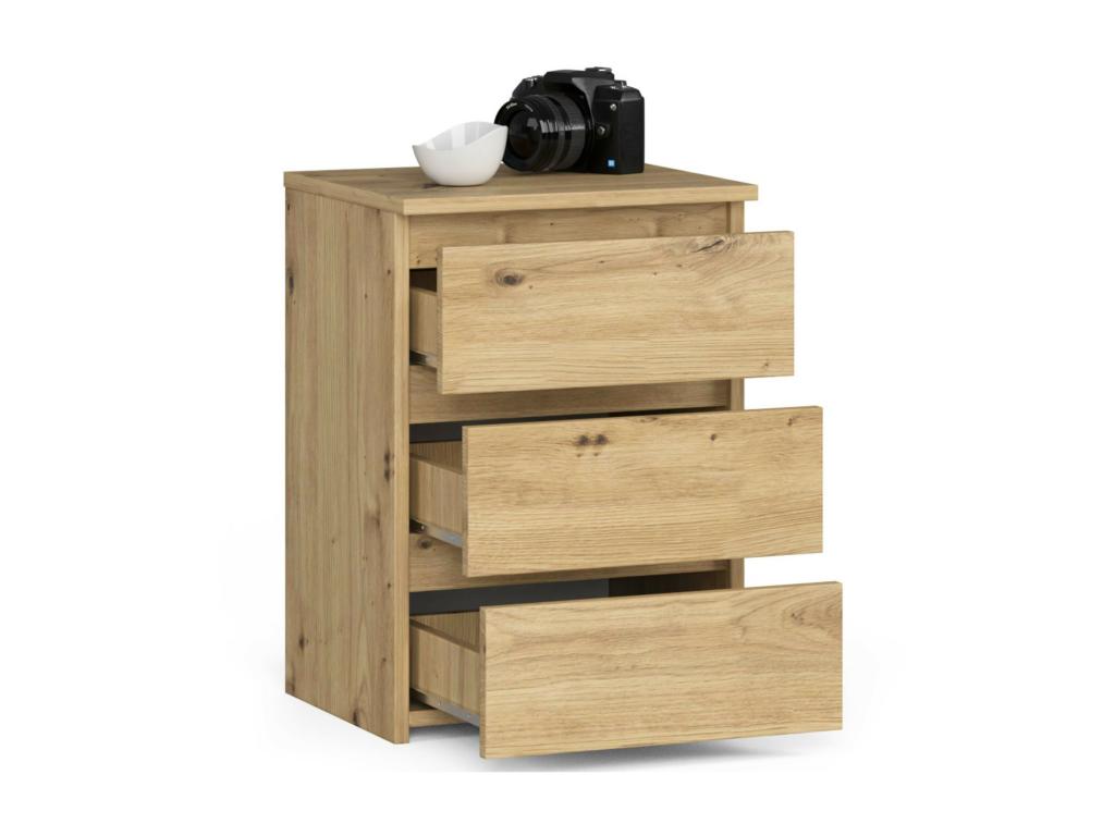 Domopure CL3 Oak Bedside Table, 40 cm, 3 Drawers, Oak Front, 40x35x57 cm, EFET16772