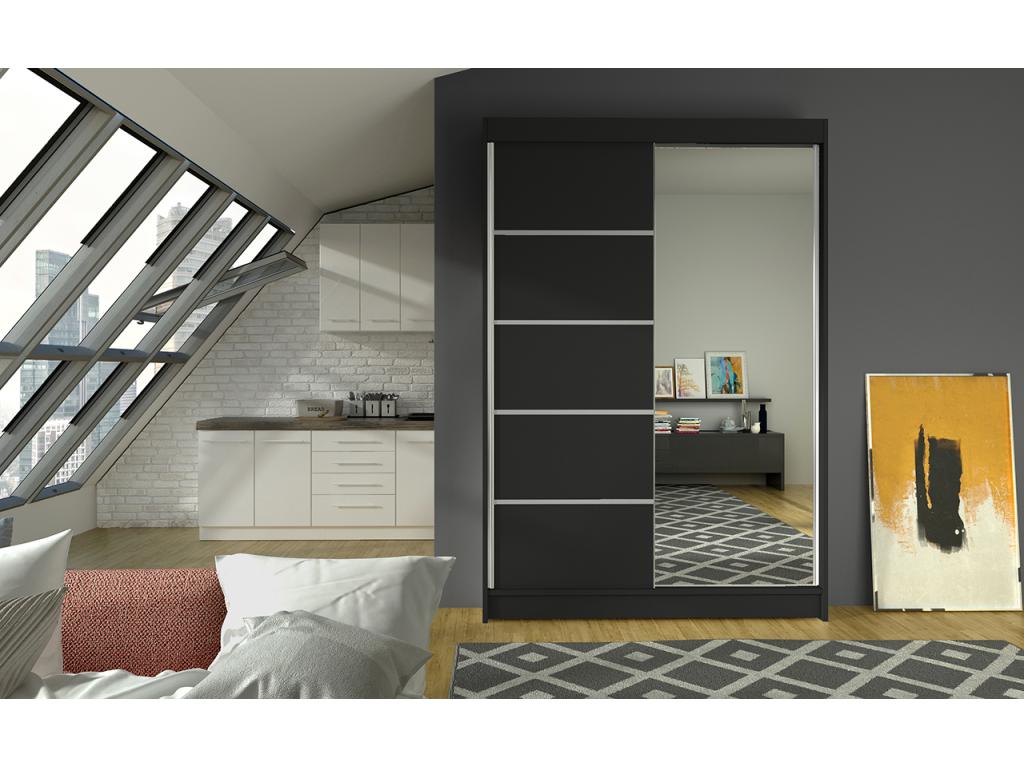 Small bedroom wardrobe with 2 sliding doors, black wood and mirror, Domopure 120cm RVHV01465