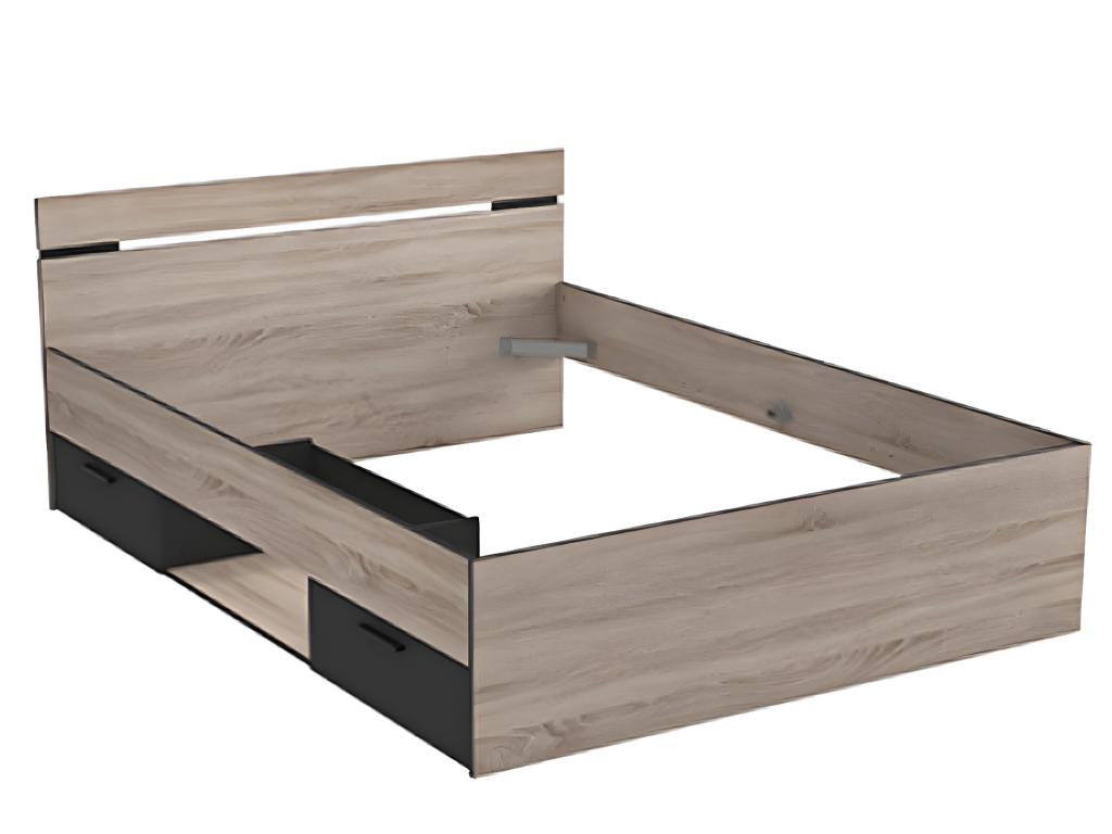 Adult bed with 2 drawers, Brushed oak/matte black finish - Dimensions 144.1x74.2x194.7 cm QMJD80650