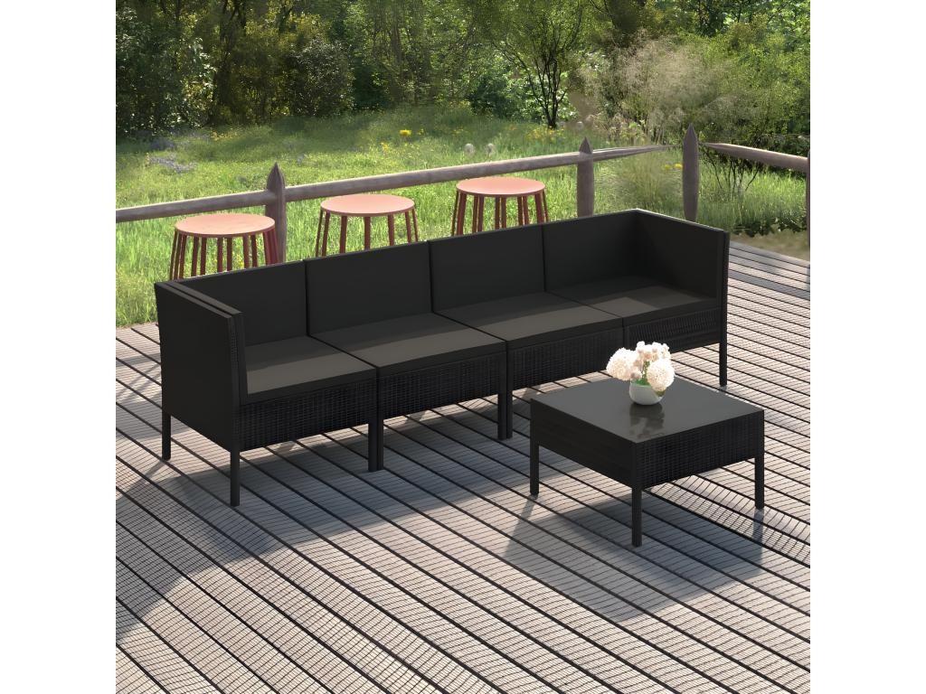 5-piece garden furniture set with cushions, black woven resin ZFBB92830
