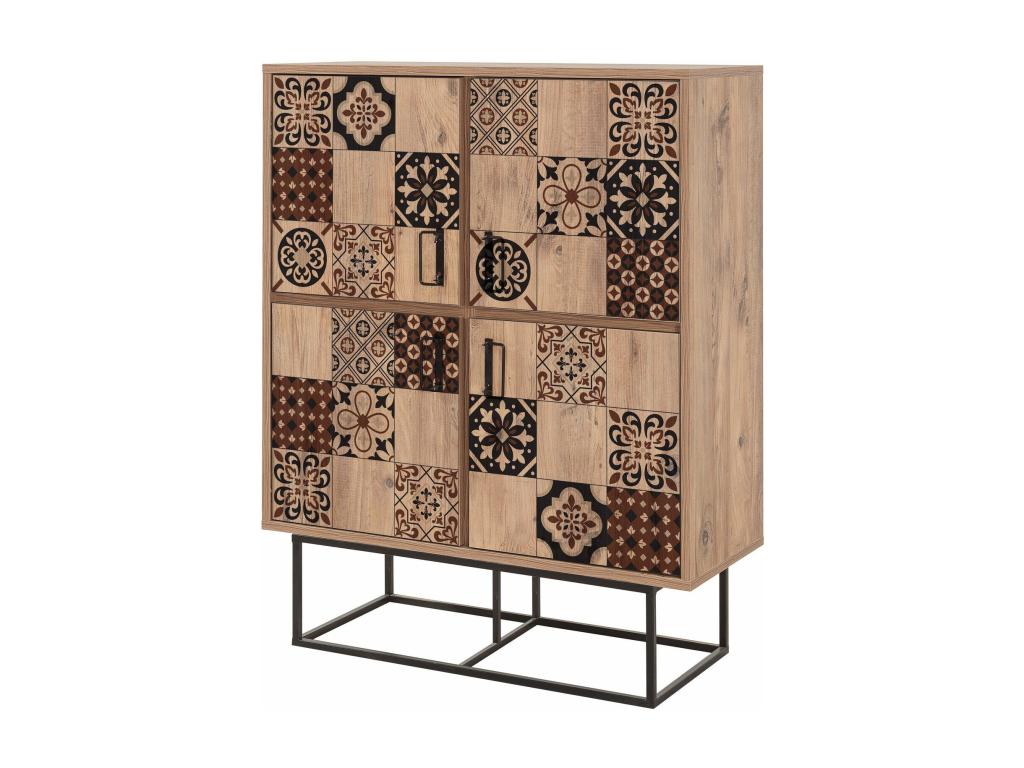 Domopure Industrial Style 4-Door Highboard in Light Wood with Brown and Black Arabesque Pattern TZGK85005