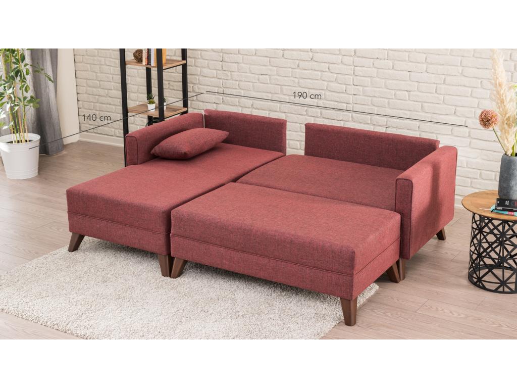 Small left-hand corner sofa bed with ottoman in burgundy fabric Domopure 205cm TQNS80869