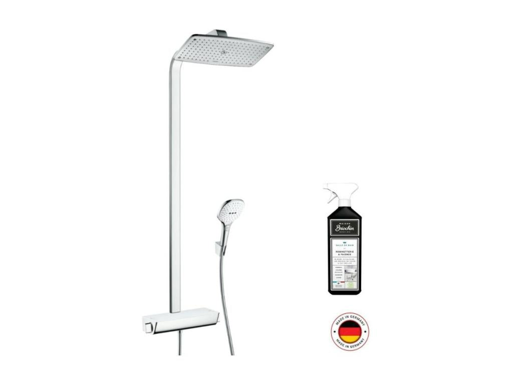 Chicyla Raindance E 360 thermostatic shower column, white and chrome, Briochin cleaner EFFV89135