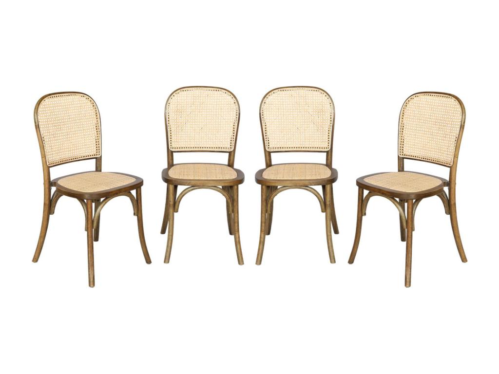 Set of 4 vintage wooden chairs with rattan seat and backrest - Aged brown color - W 44.5 x D 48 x H 89.5cm DHFI54522