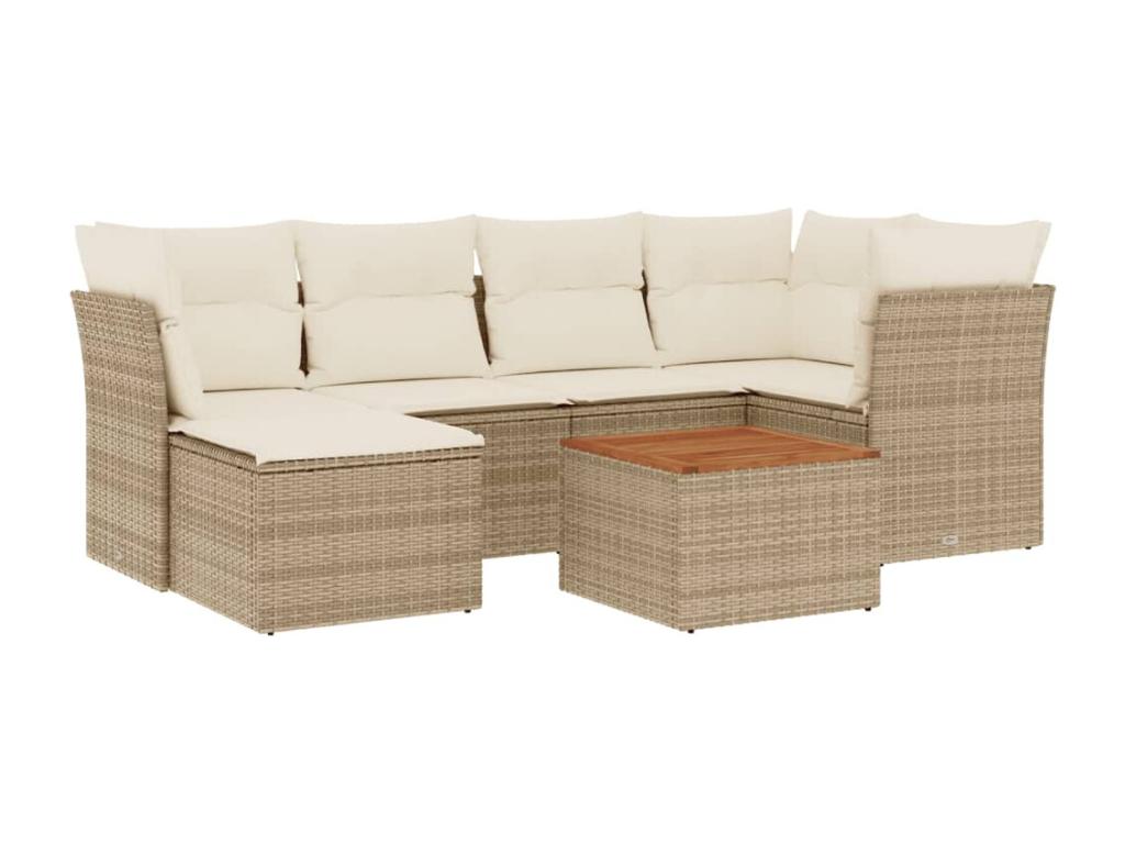 7-piece garden furniture set with cushions, beige woven resin WCCT98978