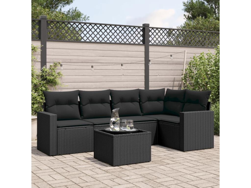 6-piece garden furniture set with cushions, black woven resin WATY03554