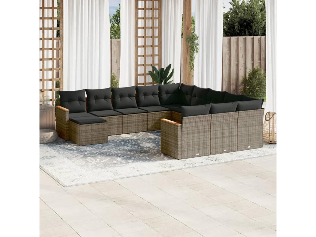 12-piece garden furniture set with cushions, grey woven resin BKJH47672