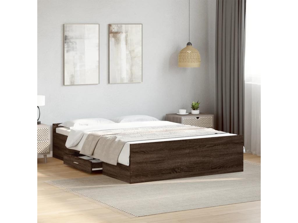 Bed frame and drawers, brown oak, 140x190 cm, engineered wood, PIOQ33998