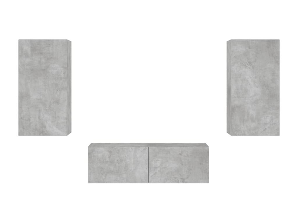 3-piece wall-mounted TV unit with Domopureères LED lights, concrete grey, IZQR26942