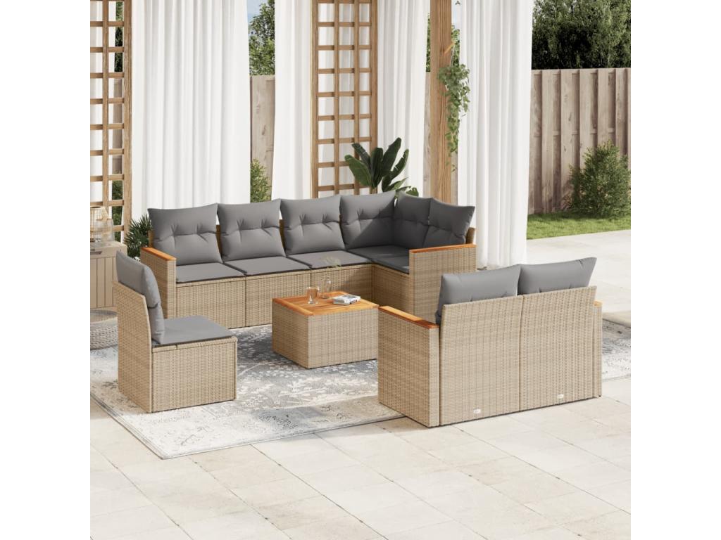 9-piece garden furniture set with cushions, beige woven resin JHQR30049