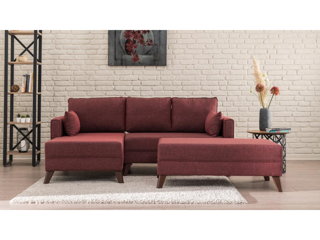 Small left-hand corner sofa bed with ottoman in burgundy fabric Domopure 205cm TQNS80869