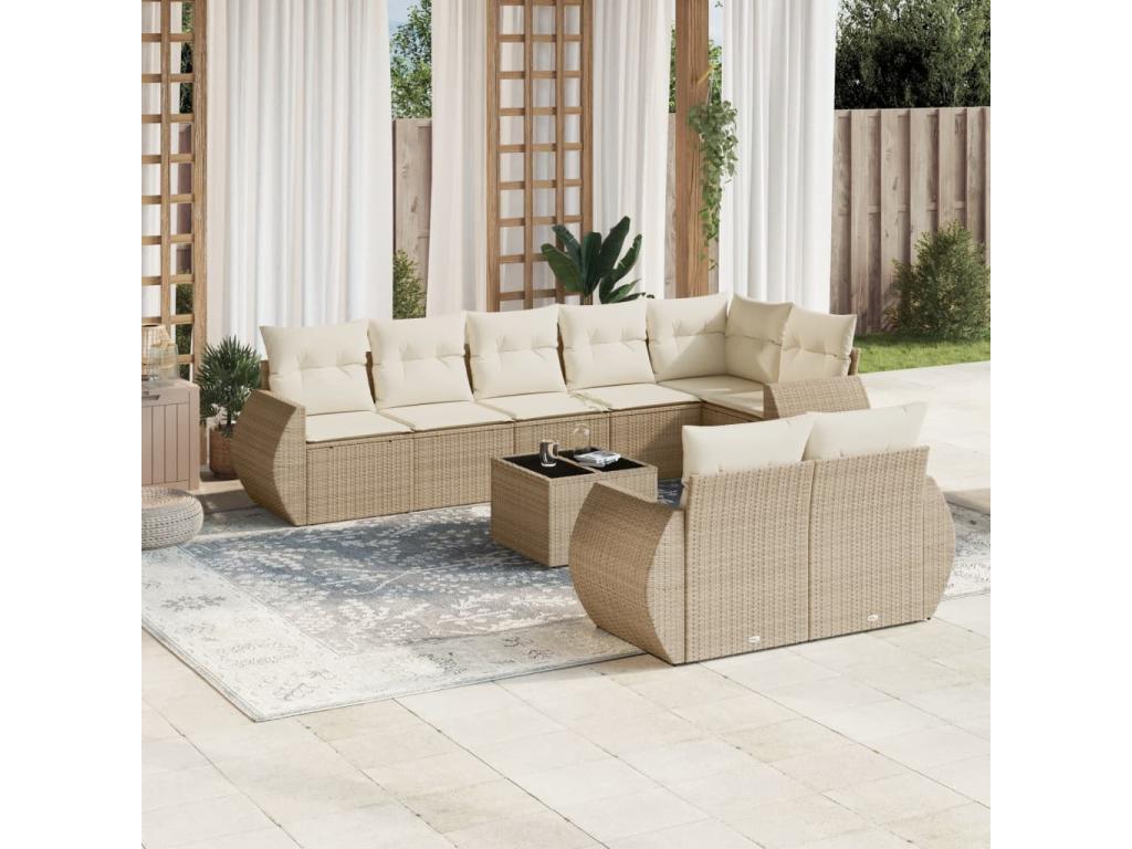 9-piece garden furniture set with cushions, beige woven resin PJKK99346