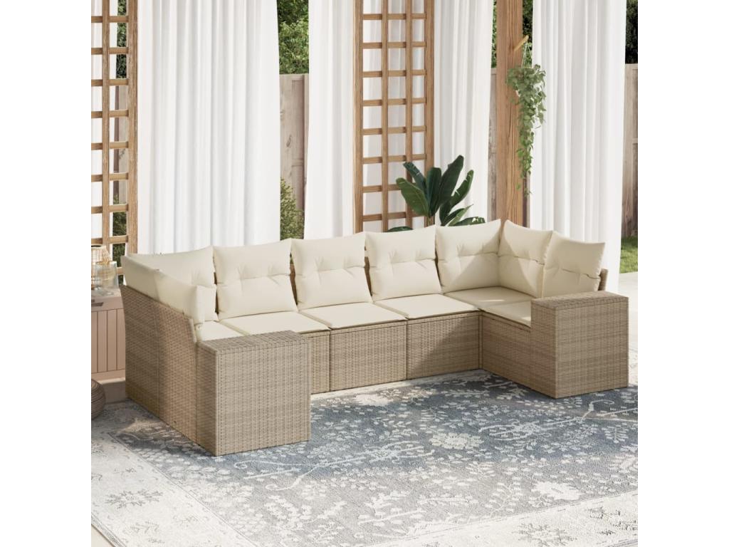 7-piece garden furniture set with cushions, beige woven resin, NSBQ92711