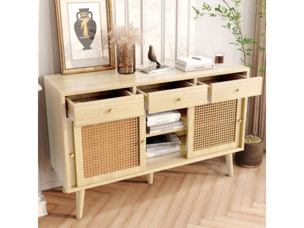 Oak sideboard with drawers and sliding rattan door. Oak color. D120cm x H78cm. TEZZ62508