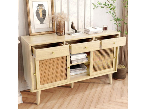 Oak sideboard with drawers and sliding rattan door. Oak color. D120cm x H78cm. TEZZ62508