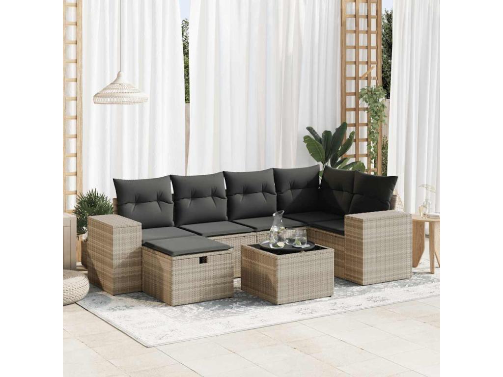 Garden furniture set with cushions, 7 pieces, light grey woven resin QBOA95715