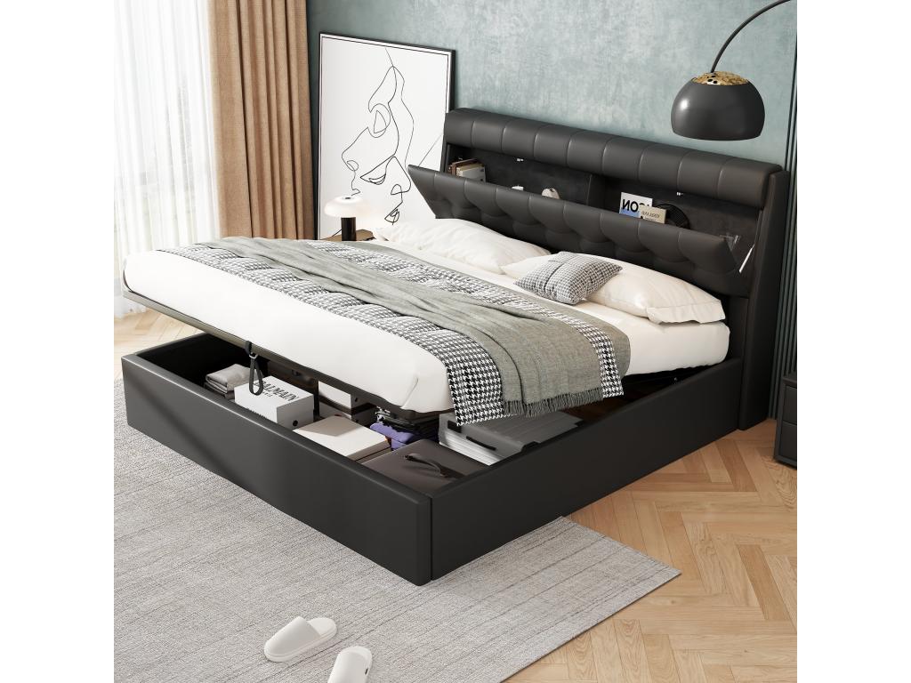 Hydraulic upholstered bed 180x200 with concealed storage in the headboard and under-bed storage. PU leather with Chicyla slatted base and black headboard UNDM53131