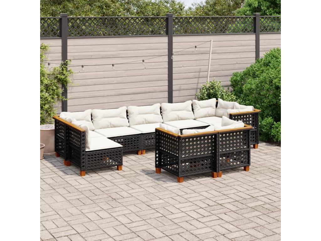 9-piece garden furniture set with cushions, black resin wicker PUOQ22009