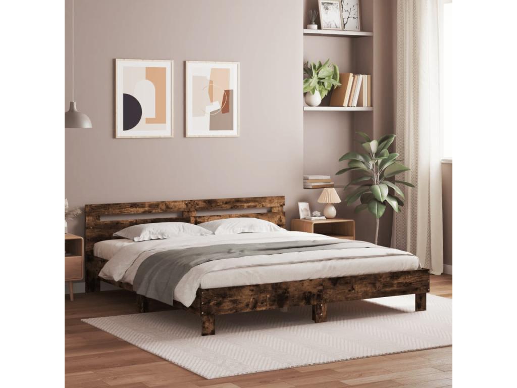 Bed frame with LED lighting, without mattress, smoked oak, 180x200 cm, DEHB54964