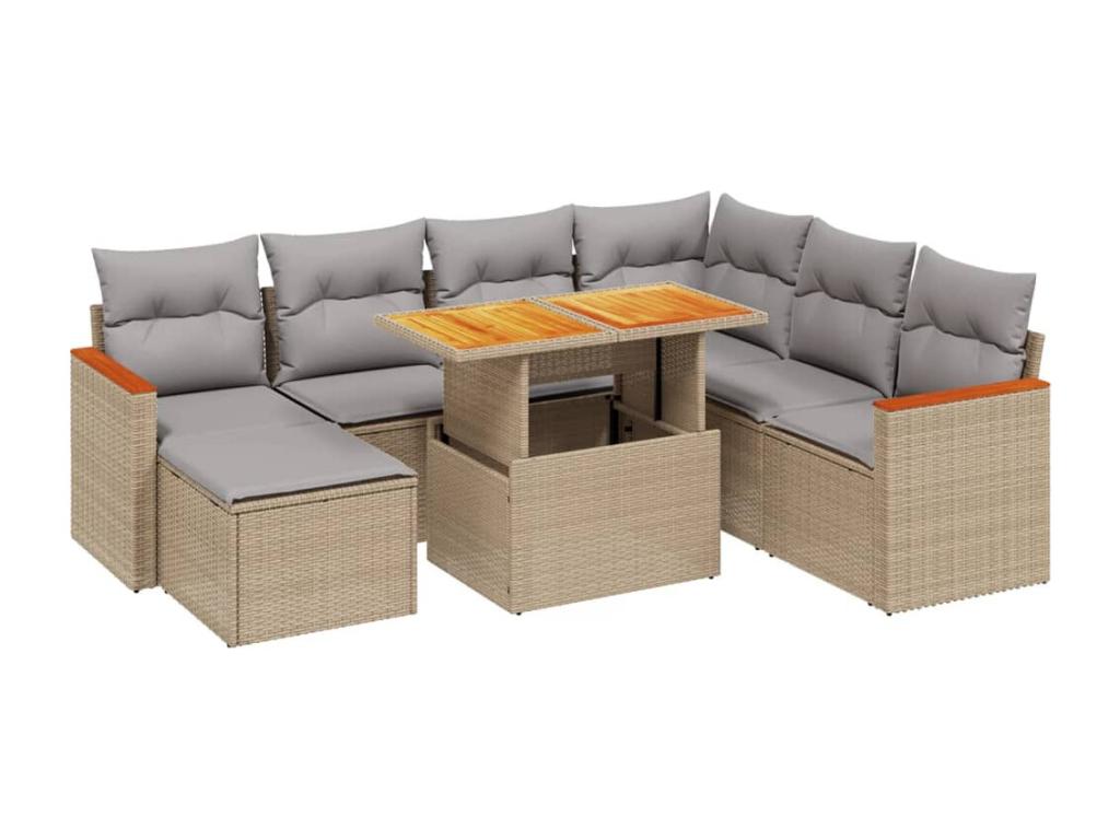 8-piece garden furniture set with cushions, beige woven resin CSQF99909