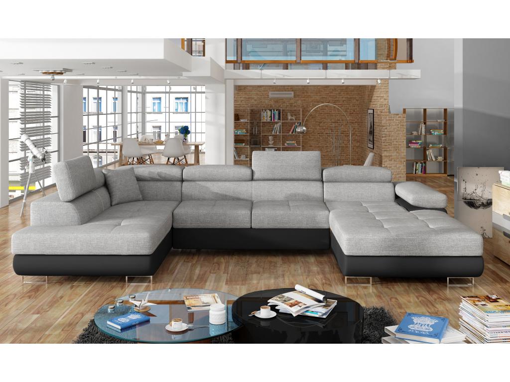 Domopure 345cm panoramic sofa bed in light grey fabric and black faux leather with storage compartment - Storage compartment on the left CRIN53443