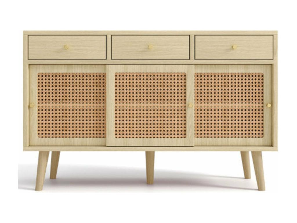 Oak sideboard with drawers and sliding rattan door. Oak color. D120cm x H78cm. TEZZ62508