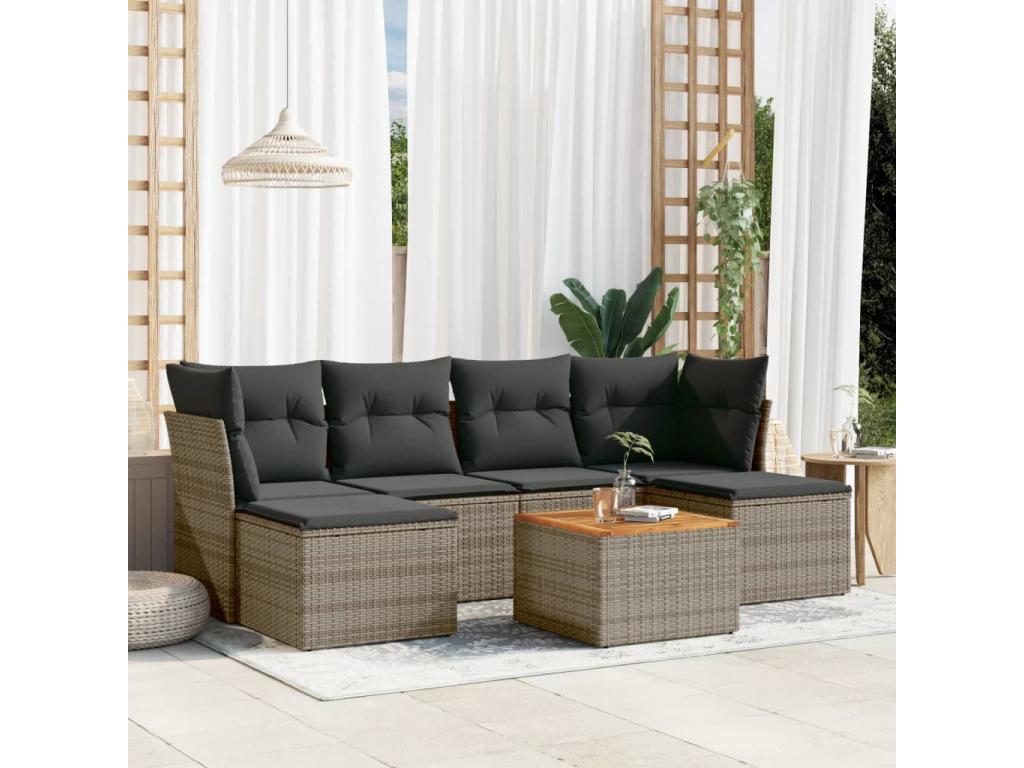 7-piece garden furniture set with cushions, grey woven resin LMMA46654