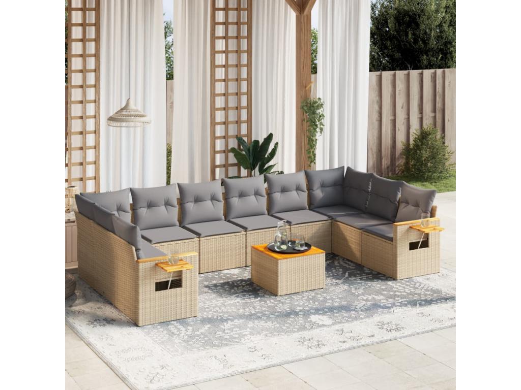 11-piece garden furniture set with beige cushions, woven resin FEAU55335
