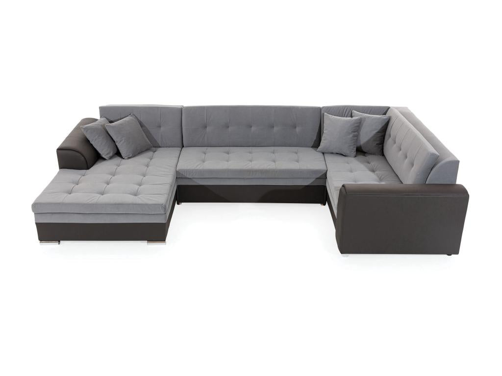 Domopure 340cm DBAX14648 panoramic convertible sofa in soft green and dark grey fabric with left-hand chaise longue