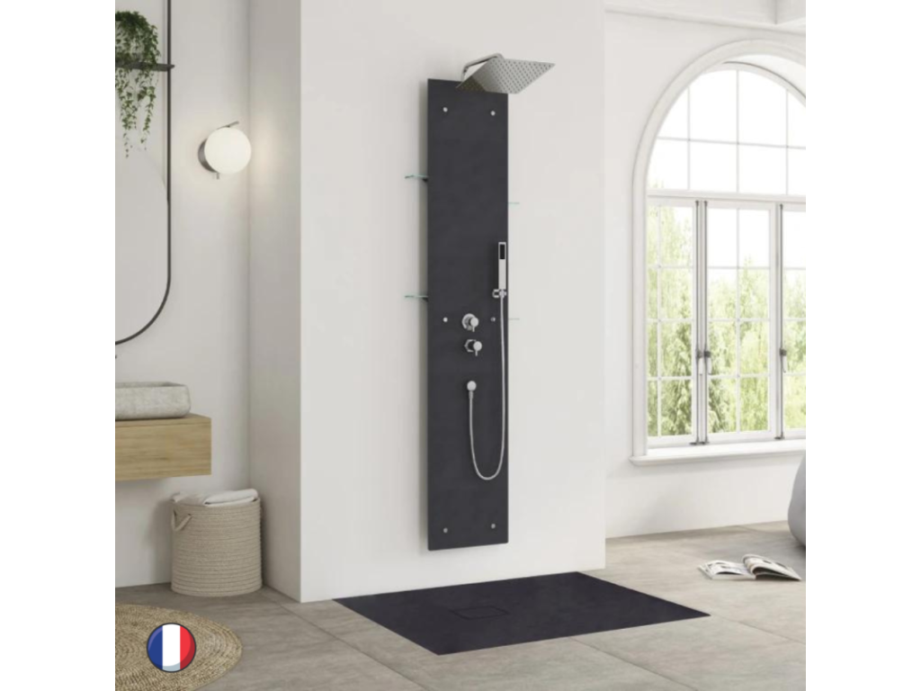 Domopure Aquawall Pietra thermostatic shower column, concrete grey, Briochin cleaning agent QBXP23994