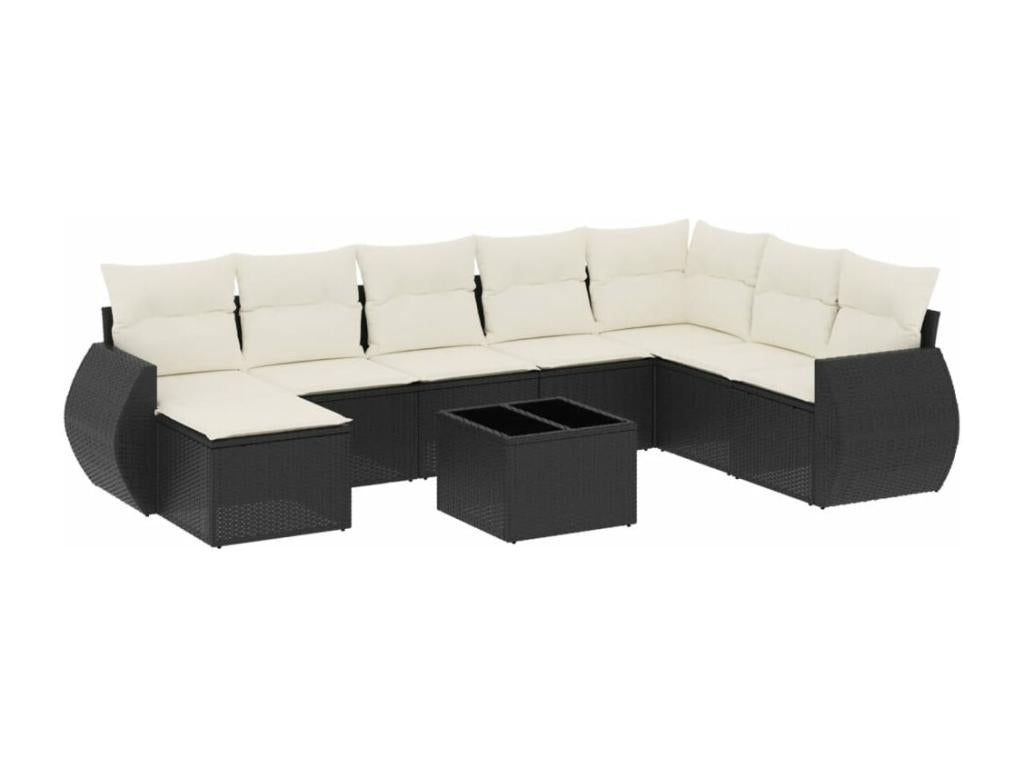 9-piece garden furniture set with cushions, black woven resin DXMF40283