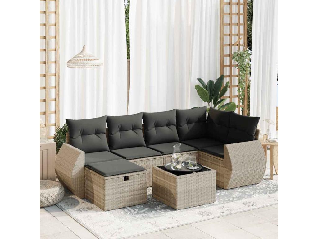 Garden furniture set with cushions, 7 pieces, light grey woven resin DENU99480