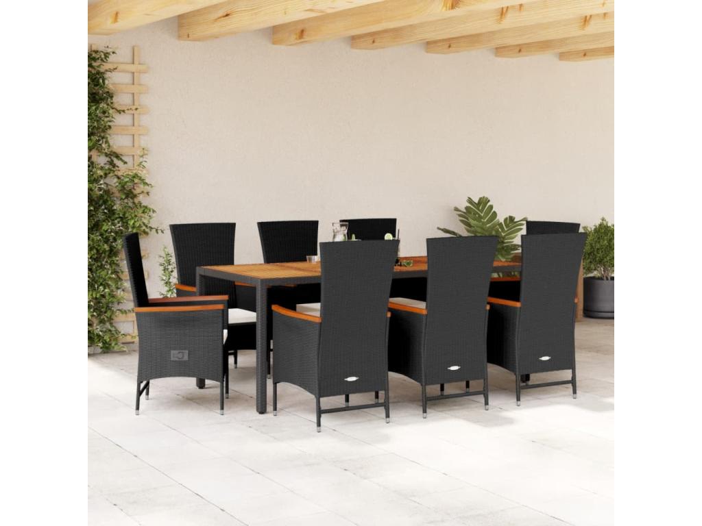 9-piece garden dining set with cushions, black resin wicker FKSN93035