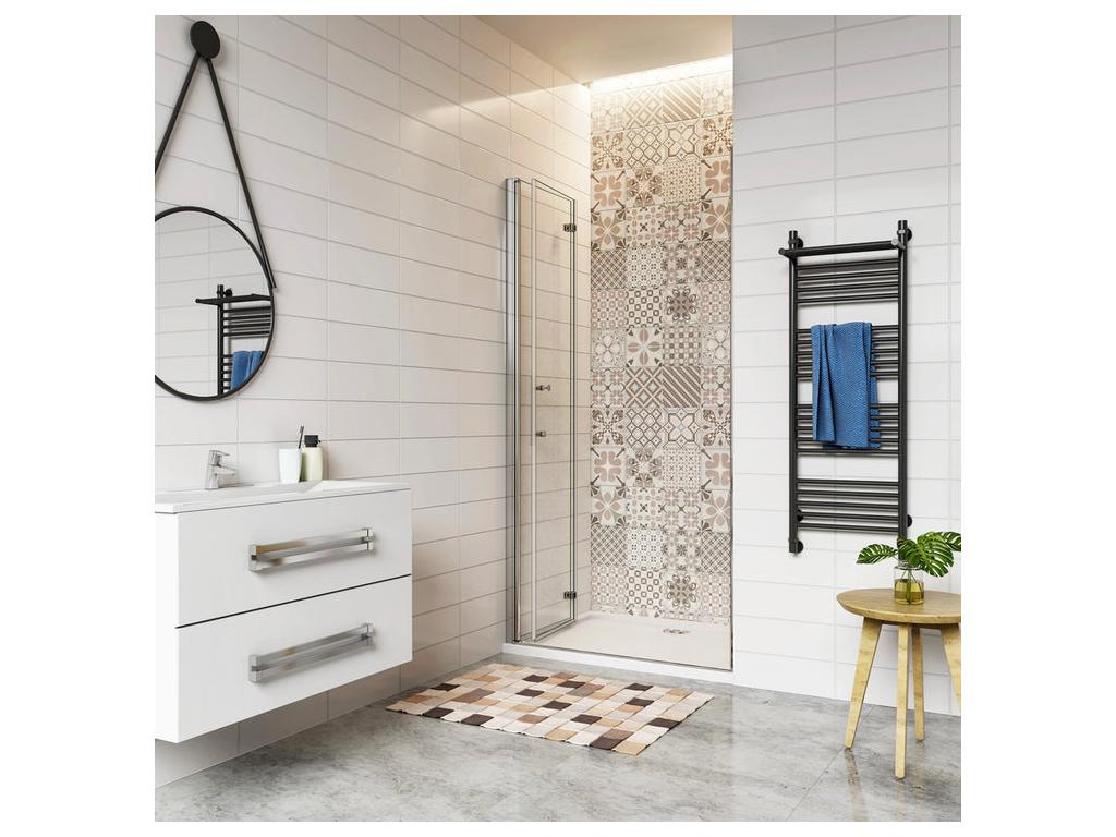 90x185cm shower door with 90x70x3cm white shower tray, pivoting and folding shower door in tempered glass with anti-limescale coating PNFP42911