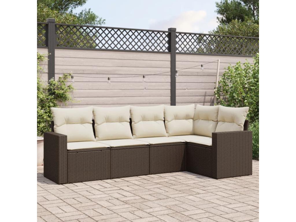 5-piece garden furniture set with cushions, brown woven resin ETWT79565