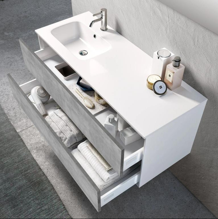 Domopure L 120cm AVFR30210 bathroom vanity unit with 2 drawers in white lacquer and concrete effect, and LED mirror