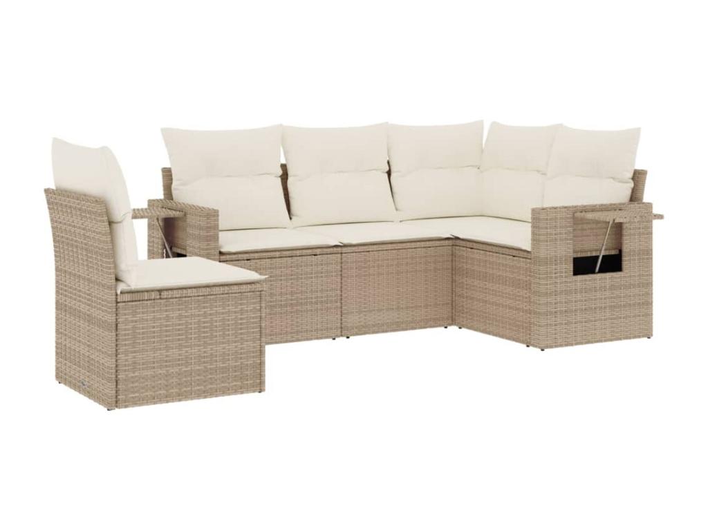 5-piece garden furniture set with cushions, beige woven resin