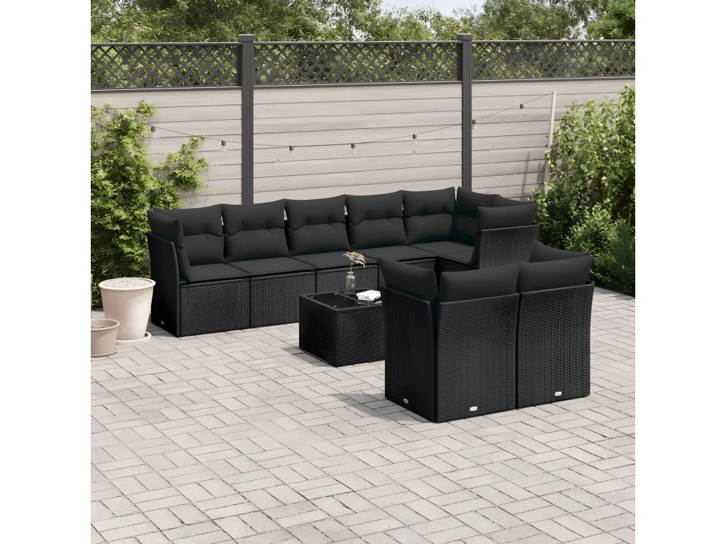 9-piece garden furniture set with cushions, black resin wicker ARN40991