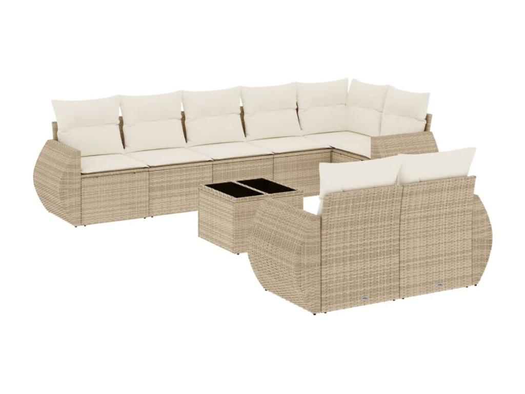 9-piece garden furniture set with cushions, beige woven resin PJKK99346