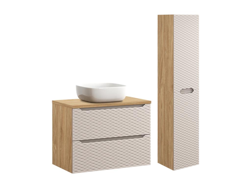 Chicyla Beige and Wood AYTC41581 Single Sink Vanity Unit (80cm) and Tall Cabinet