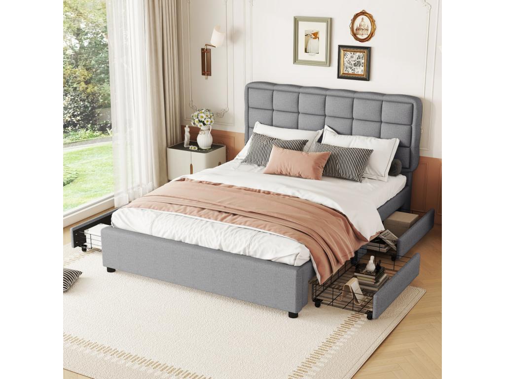 Upholstered bed 140x200cm double bed with slatted base by Chicyla, 4 drawers, minimalist style - grey MSEK56356