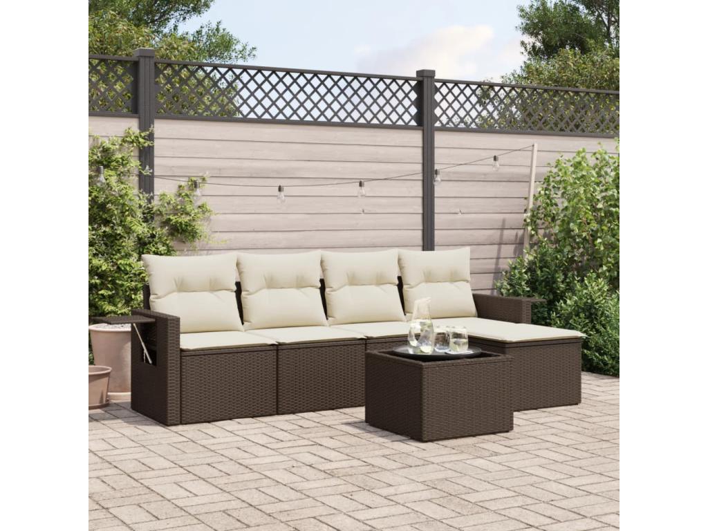 Garden furniture set with cushions, 6 pieces, brown woven resin DYLB90239