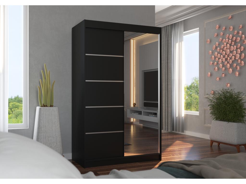 Small bedroom wardrobe with 2 sliding doors, black wood and mirror, Domopure 120cm RVHV01465