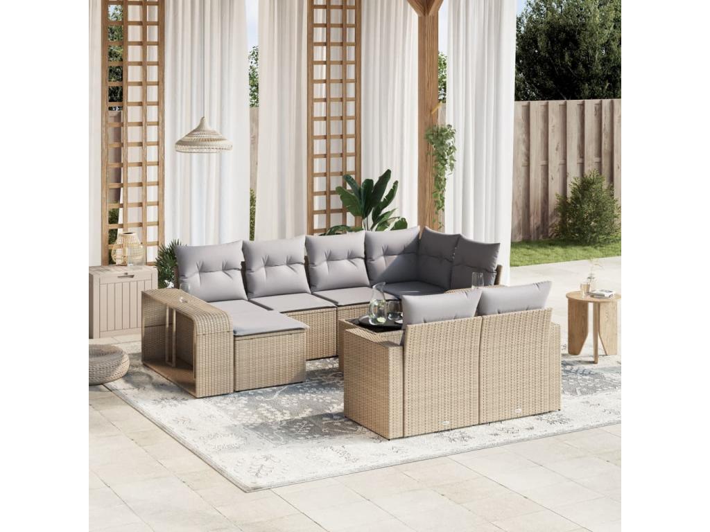 11-piece garden furniture set with beige resin wicker cushions VTOA00473