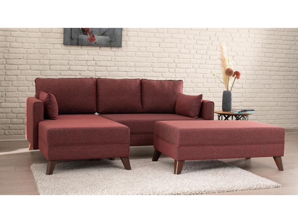 Small left-hand corner sofa bed with ottoman in burgundy fabric Domopure 205cm TQNS80869