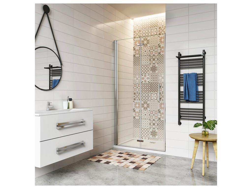 90x185cm shower door with 90x70x3cm white shower tray, pivoting and folding shower door in tempered glass with anti-limescale coating PNFP42911