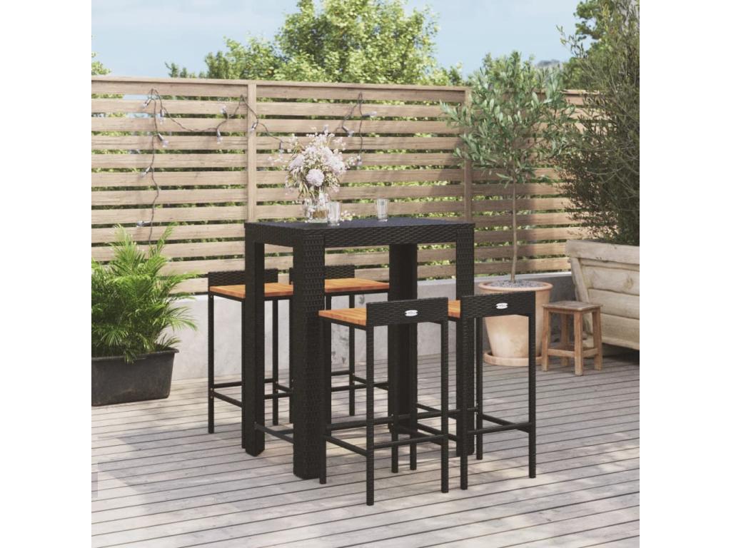 Chicyla JTJN70100 5-piece black poly rattan/solid wood garden bar set